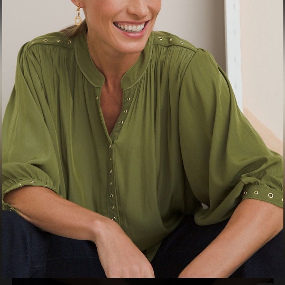 Chico’s Ring-Trim 3/4 Sleeve Relaxed Fit Blouse Top In Green Size 12/14